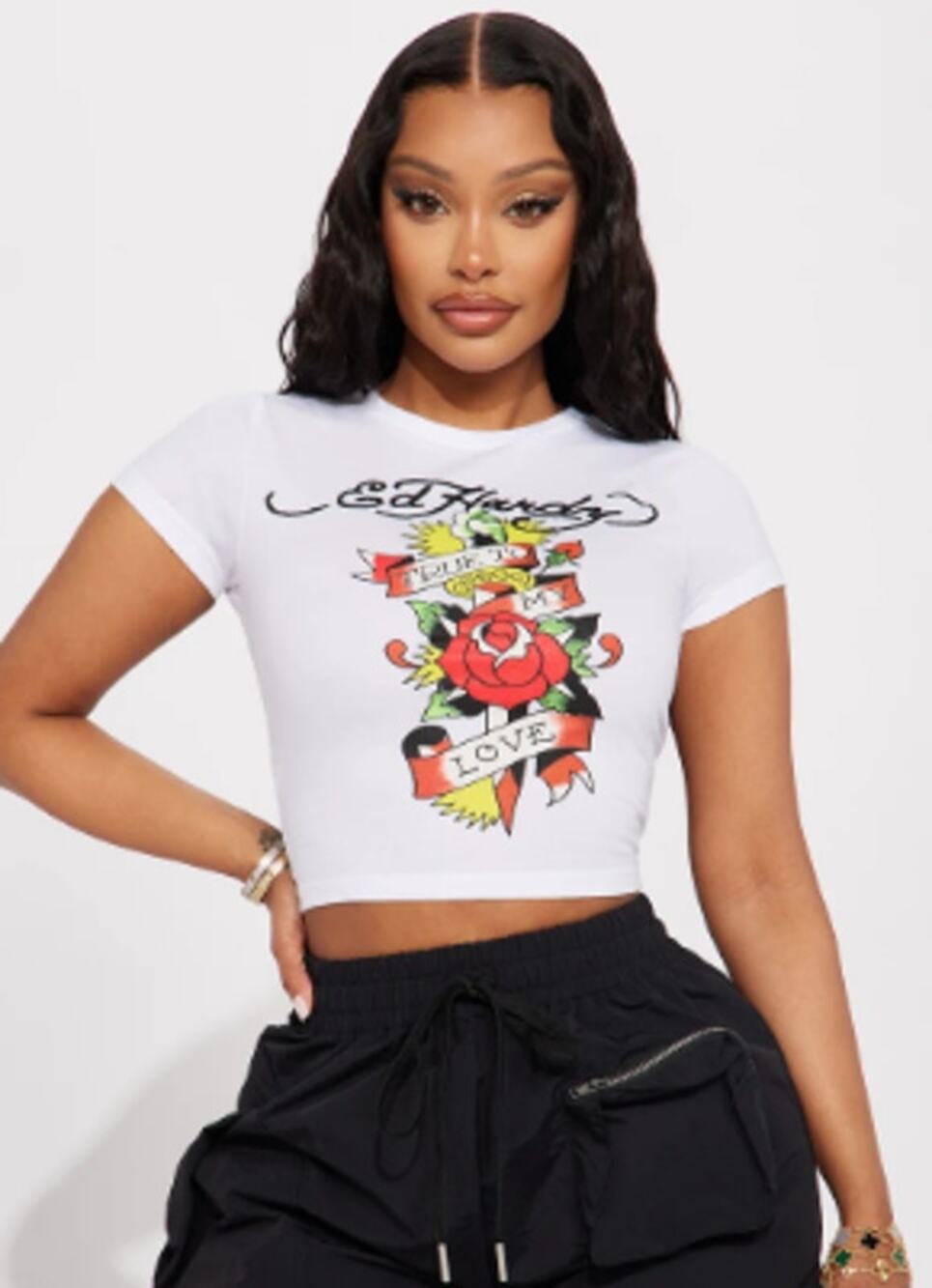 Ed Hardy Womens Dagger And Rose Fitted Cropped Baby Tee Size Medium White